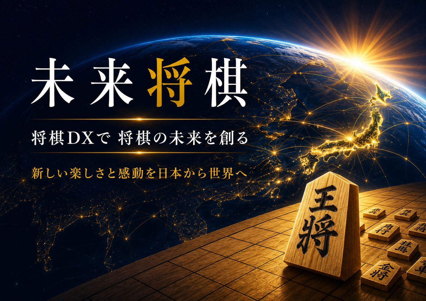 未来将棋。将棋DXで将棋の未来を創る。新しい楽しさと感動を日本から世界へ。地球と日本を結ぶ光、木製の王将。